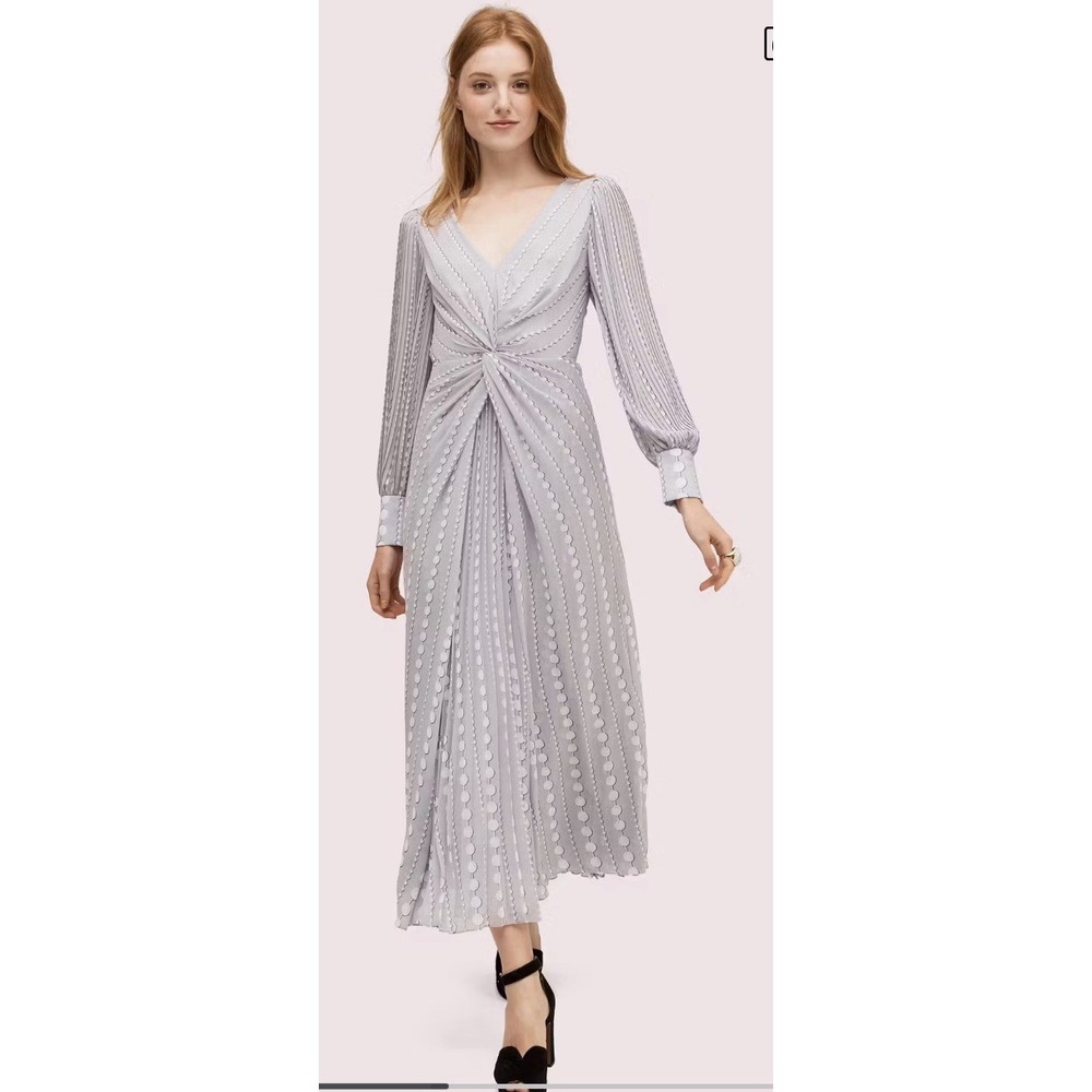Kate Spade Pearl Drops Degrade Dress LONG SLEEVE GOWN MIDI Size 2 Pleated Silky